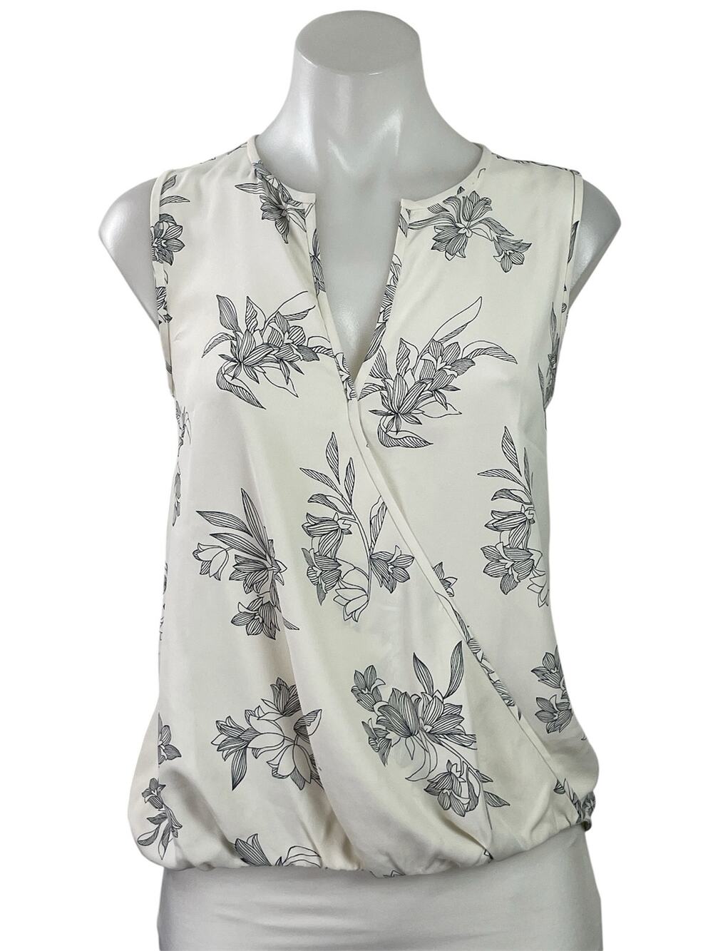 Ann Taylor Womens White Black Floral Sleeveless Faux Wrap Tank Blouse Top Sz XSP